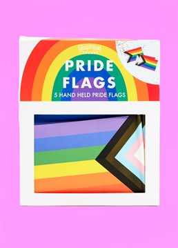 <p>Celebrate Pride any damn time you like with these handheld rainbow flags! Lightweight and eco-friendly, these vibrant flags are perfect for Pride events, parties, festivals and showing your support to the entire LGBTQ+ community. </p><p>Each pack contains 5 x Pride flags on wooden sticks measuring 26cm high, 22cm wide. </p>